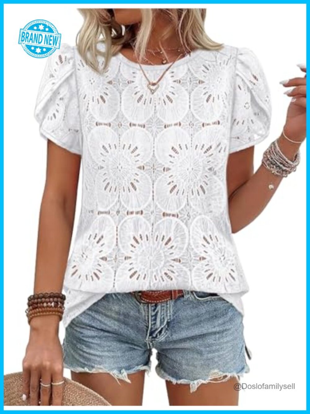 Crochet Lace Petal Sleeve Blouse - Women's Dressy Casual Boho Top